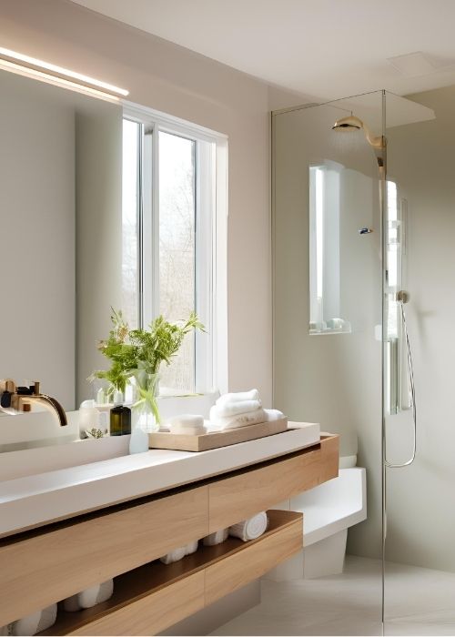 Wet Room Bathroom With A Seamless Glass Shower Partition Separating The Wet Area From The Dry Space