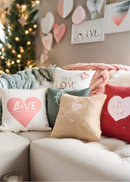 Cozy throw pillows with heart designs and love quotes to add festive flair