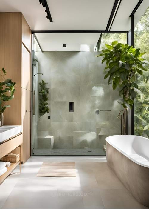 Fresh Master Bathroom With Lush Greenery And Natural Stone Elements Blending Indoor And Outdoor Vibes