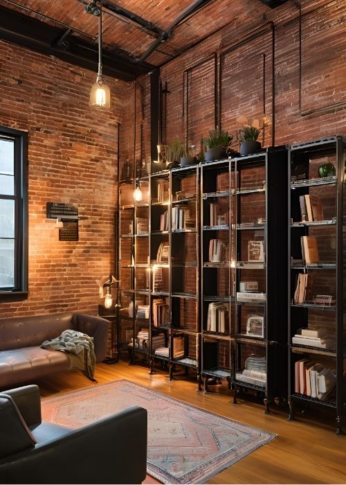 Industrial Style Home Library Featuring Metal Bookshelves Exposed Brick Walls And Warm Edison Lighting