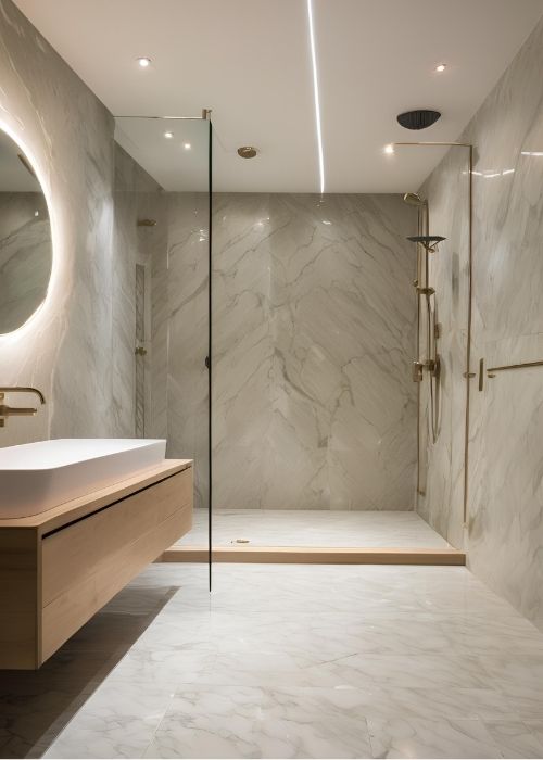 Wet Room Bathroom With Elegant Marble Shower Flooring And A Large Rainfall Showerhead