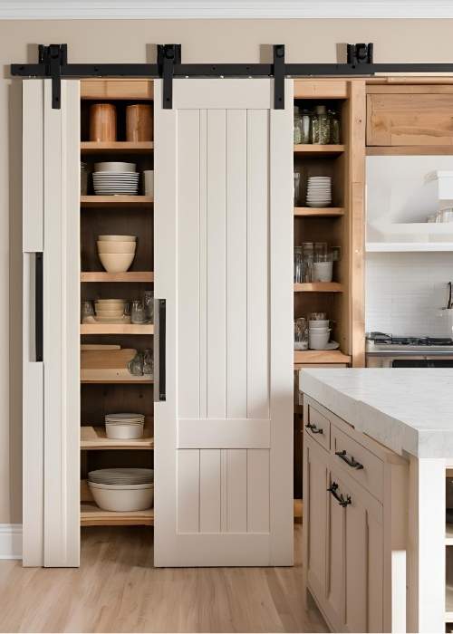 Farmhouse Kitchen With Sliding Barn Doors Hiding Storage Areas