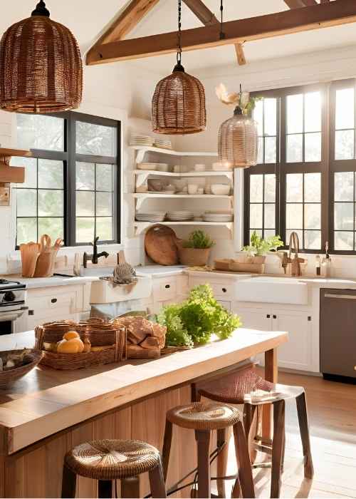 Farmhouse Kitchen With Wicker Or Wooden Barstools At The Island