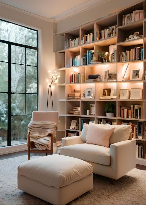 Stylish Home Library With Built In Bookcases A Cozy Reading Chair And Soft Ambient Lighting