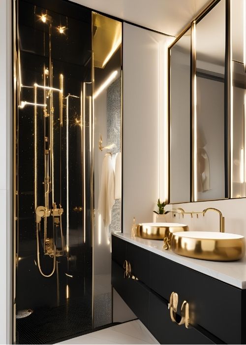 Wet Room Bathroom In Black White And Gold Accents For A Bold And Classy Design