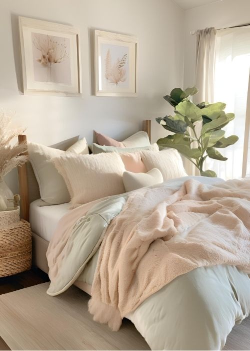 Soft Layered Bedding In Dreamy Neutrals And Pastels Creating A Cozy Inviting Bedroom Decor With Plush Duvets Textured Throws And Elegant Accent Pillows