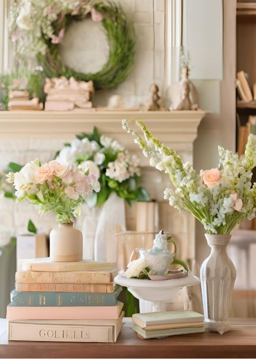 A Cozy Spring Mantel Decor With Vintage Books In Soft Pastels Floral Covers And Elegant Stacked Arrangements