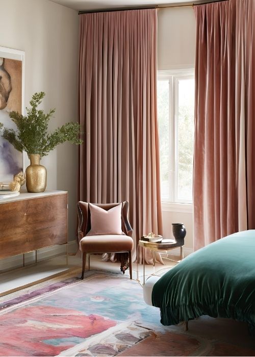 Luxe Curtains Flowing Gracefully In Bedroom Decor Adding Sophistication With Floor Length Velvet Airy Linen Or Dramatic Jewel Toned Fabrics