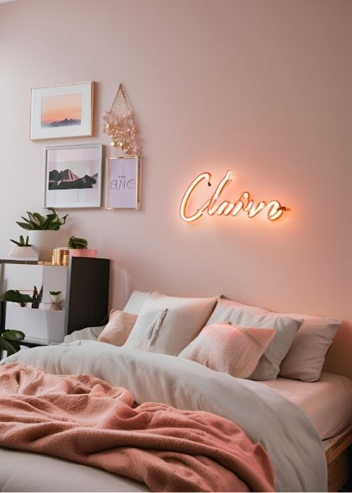 Custom Neon Sign Glowing Softly Adding A Trendy Modern Touch To Bedroom Decor With Personalized Names Quotes Or Playful Phrases