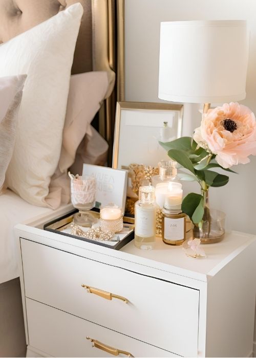 Elegantly Organized Nightstand Styled With Chic Storage Delicate Florals Warm Lighting And Decorative Trays For A Refined And Polished Bedroom Decor Look