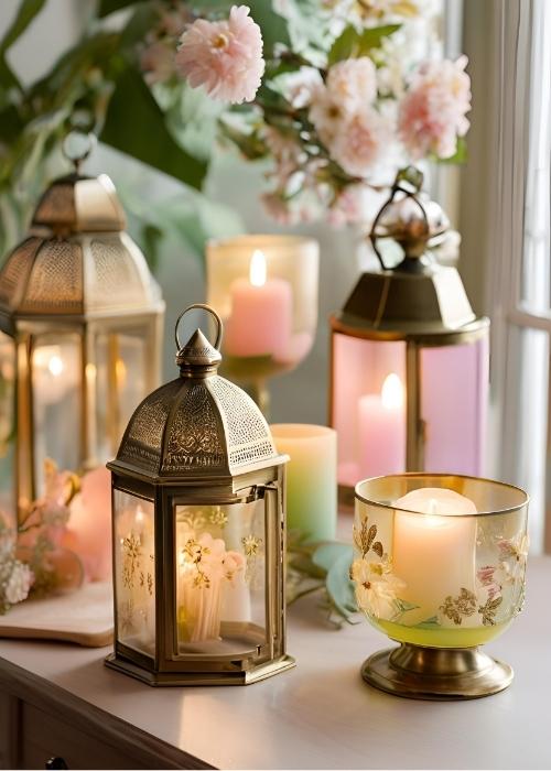Whimsical Candle Holders And Lanterns Casting A Warm Glow In Spring Home Decor—vintage Brass Holders Pastel Glass Hurricanes And Lanterns With Delicate Floral Etchings