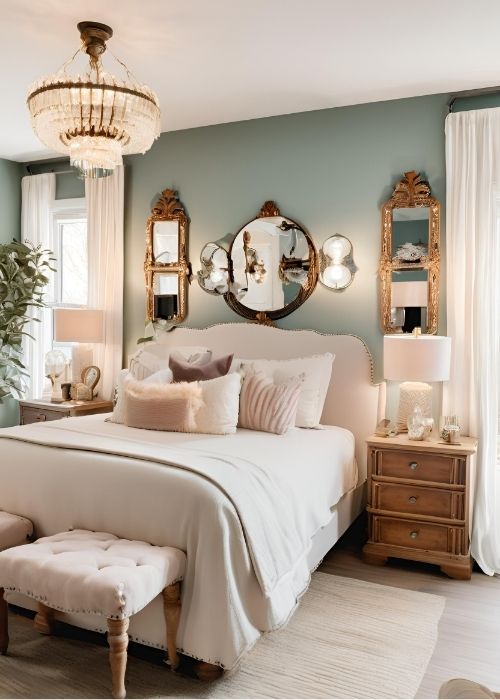 Vintage Inspired Bedroom Decor With Ornate Mirrors Antique Nightstands And Retro Lighting Creating A Timeless Elegant Atmosphere