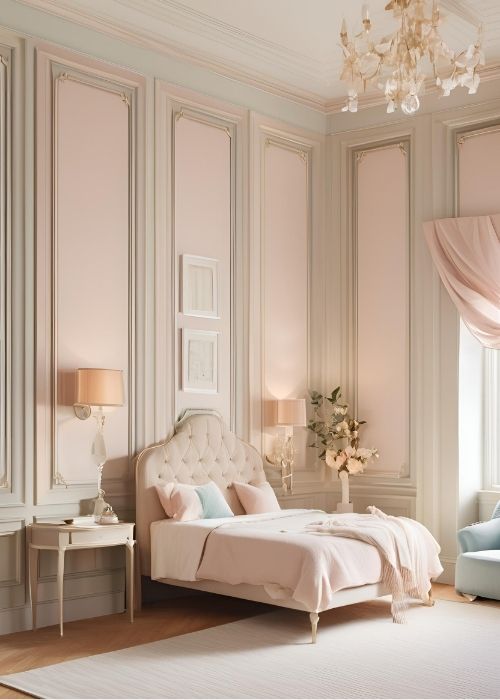 Classic Wall Molding Adding A Touch Of Refinement To Bedroom Decor With Intricate Paneling Soft Hues And A Sophisticated Aesthetic