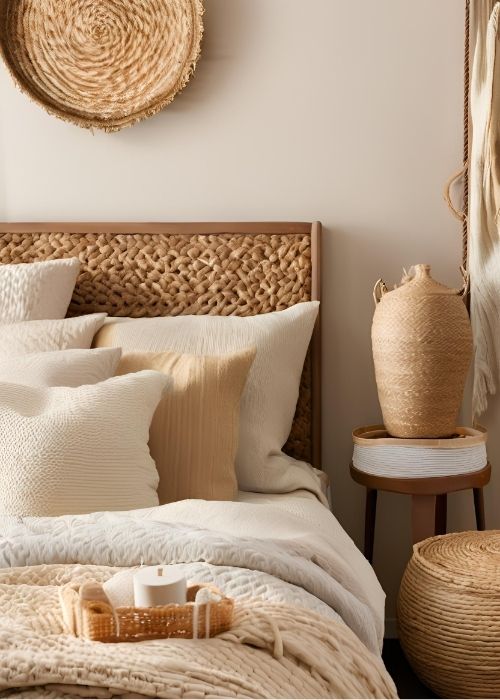 Layered Textures Bringing Depth To Bedroom Decor With Cozy Knits Linen Bedding Woven Baskets And Rich Fabrics For A Warm Inviting Ambiance