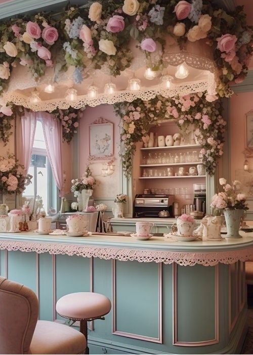 – A Charming Pastel Toned Coffee Bar With Floral Decor Lace Details And Vintage Teacups