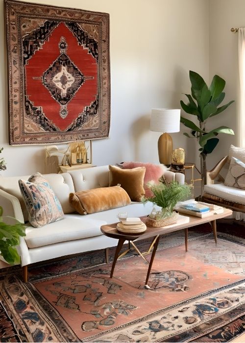 Vintage Charm Meets Modern Elegance In Living Room Decor With A Mid Century Sofa Antique Coffee Table And A Rich Persian Rug