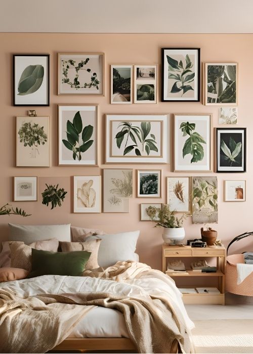 Aesthetic Gallery Wall Filled With Botanical Prints Elegant Typography And Personal Photography Adding Personality And Charm To Bedroom Decor