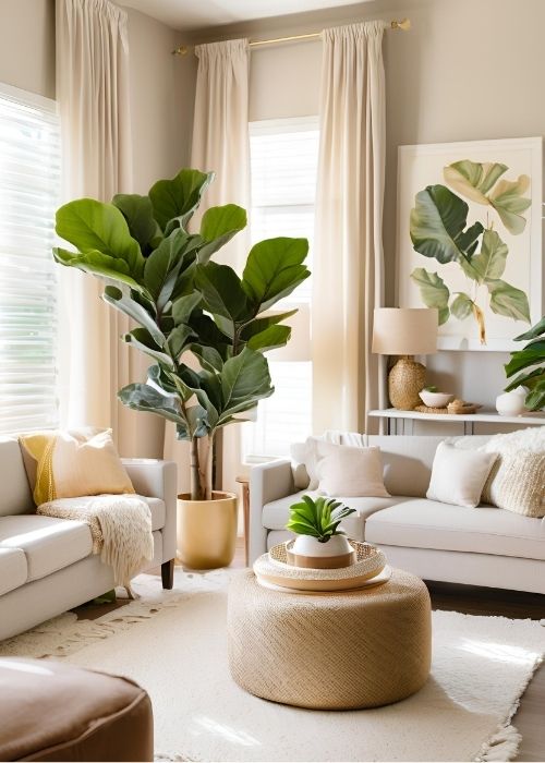 Lush Indoor Plants Bringing Life To Living Room Decor With Tall Fiddle Leaf Figs Trailing Pothos And Stylish Woven Planters