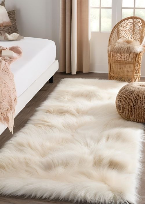 Plush Area Rug Adding Warmth And Texture To Bedroom Decor With Soft Faux Fur Intricate Patterns Or Neutral Woven Designs For A Cozy Stylish Touch