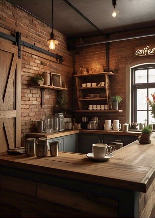 – A Cozy Coffee Bar With Sliding Barn Doors Vintage Decor And A Warm Rustic Wooden Countertop