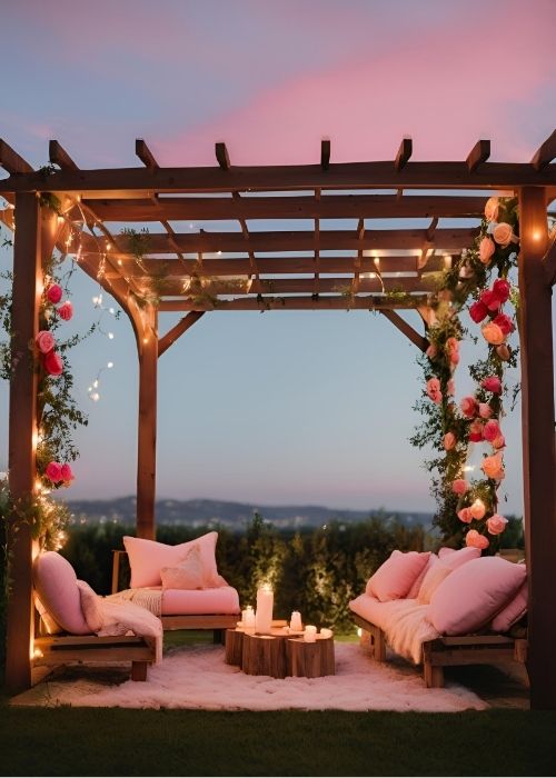 A Romantic Outdoor Setup With A Wooden Pergola Draped In String Lights Climbing Roses And A Cozy Seating Space