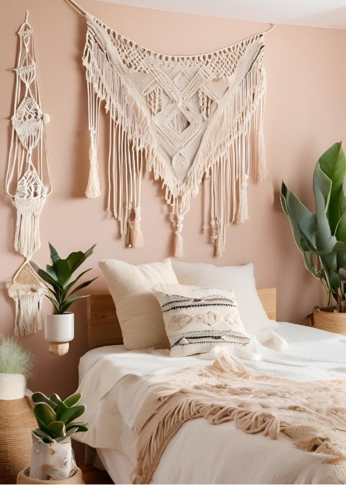 Boho Macramé Accents Adorning Bedroom Decor With Delicate Wall Hangings Woven Plant Holders And Intricate Tapestries For A Relaxed Free Spirited Vibe