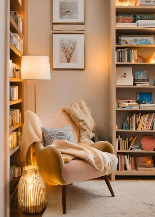 Cozy Reading Nook Tucked Into Living Room Decor With A Plush Accent Chair Warm Lighting And A Stylish Bookshelf