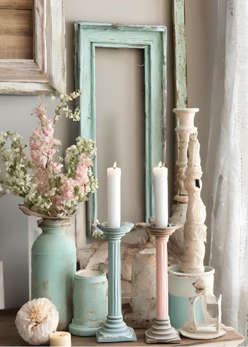 Vintage And Distressed Decor Accents Adding Charm To Spring Home Decor—weathered Wooden Frames Antique Candle Holders And Rustic Pastel Painted Furniture For A Timeless Look
