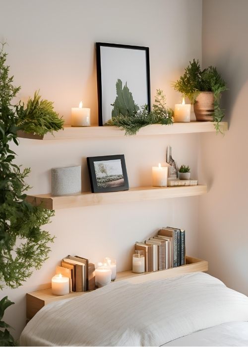 Floating Shelves Displaying Books Candles And Greenery Adding Both Function And Elegance To Bedroom Decor With Sleek Minimalist Designs