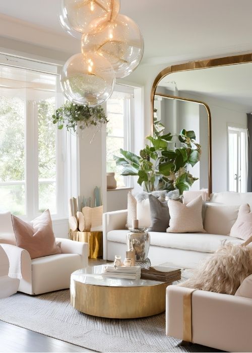 Oversized Mirrors Reflecting Light And Expanding Space In Living Room Decor Creating An Airy And Elegant Ambiance