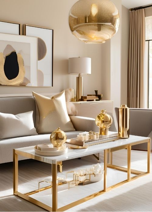 Gold And Brass Accents Elevating Living Room Decor With Shimmering Metallic Lamps Sleek Coffee Tables And Sophisticated Details